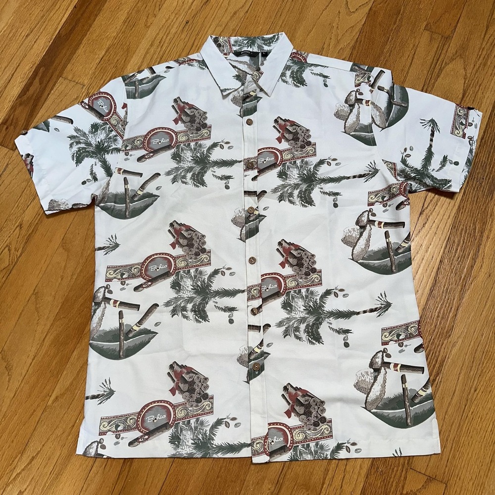 Bohio Shirt Resortwear L‎ Cuban Cigar Palm Tree Coffee Print Hawaiian Button Up